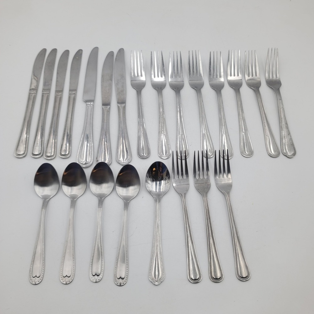 23 Pc Mixed Flatware Lot Stainless Steel Beaded Border Knives Forks Spoons